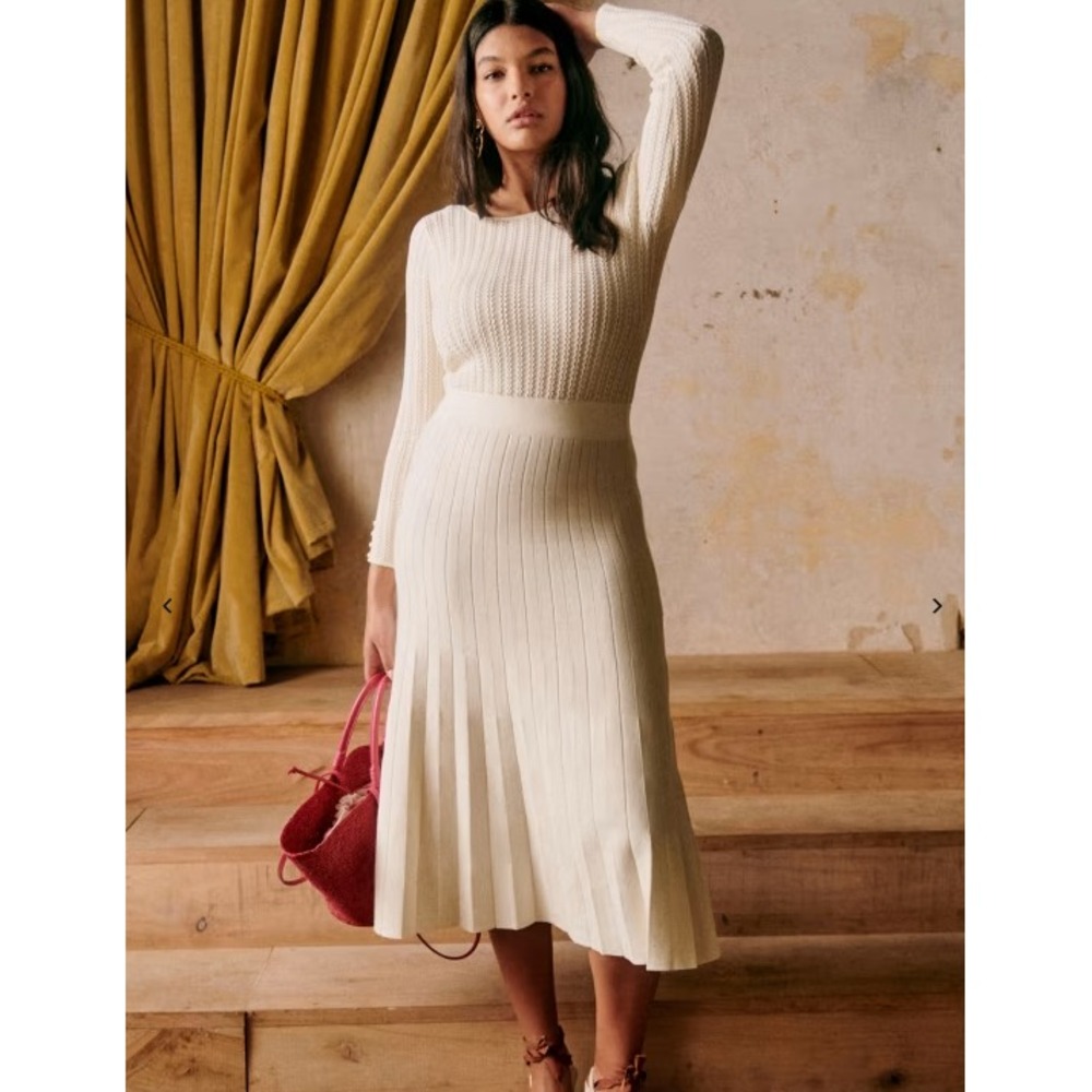 Sezane Flora Knit Dress Womens M Ecru Cream Pleated Fit Flare Midi Paris V Back